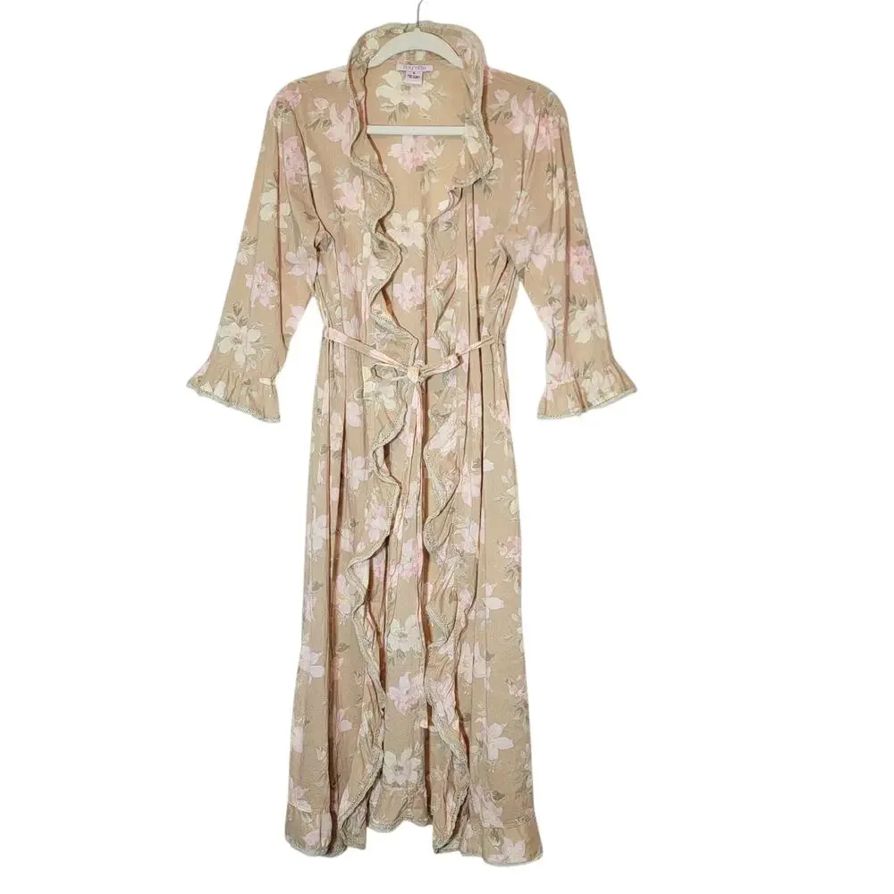Fleurette Floral Cotton Kimono Robe Ruffle Tie Waist Maxi Beige Pink Romantic S - Picture 13 of 13